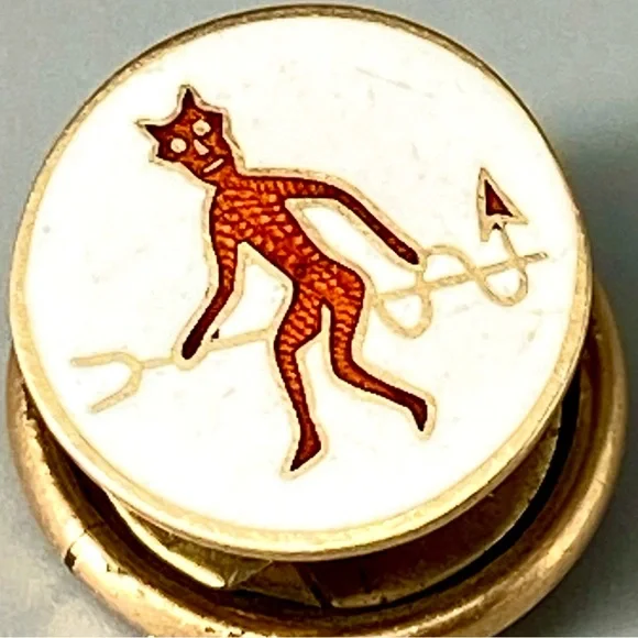 Antique Guilloche Red Devil on Pitchfork Enamel 10K Secret Society Pin Stief Co.